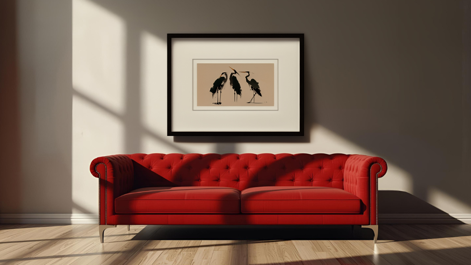 Framed photo hangs above sofa in a modern living room with wooden flooring.