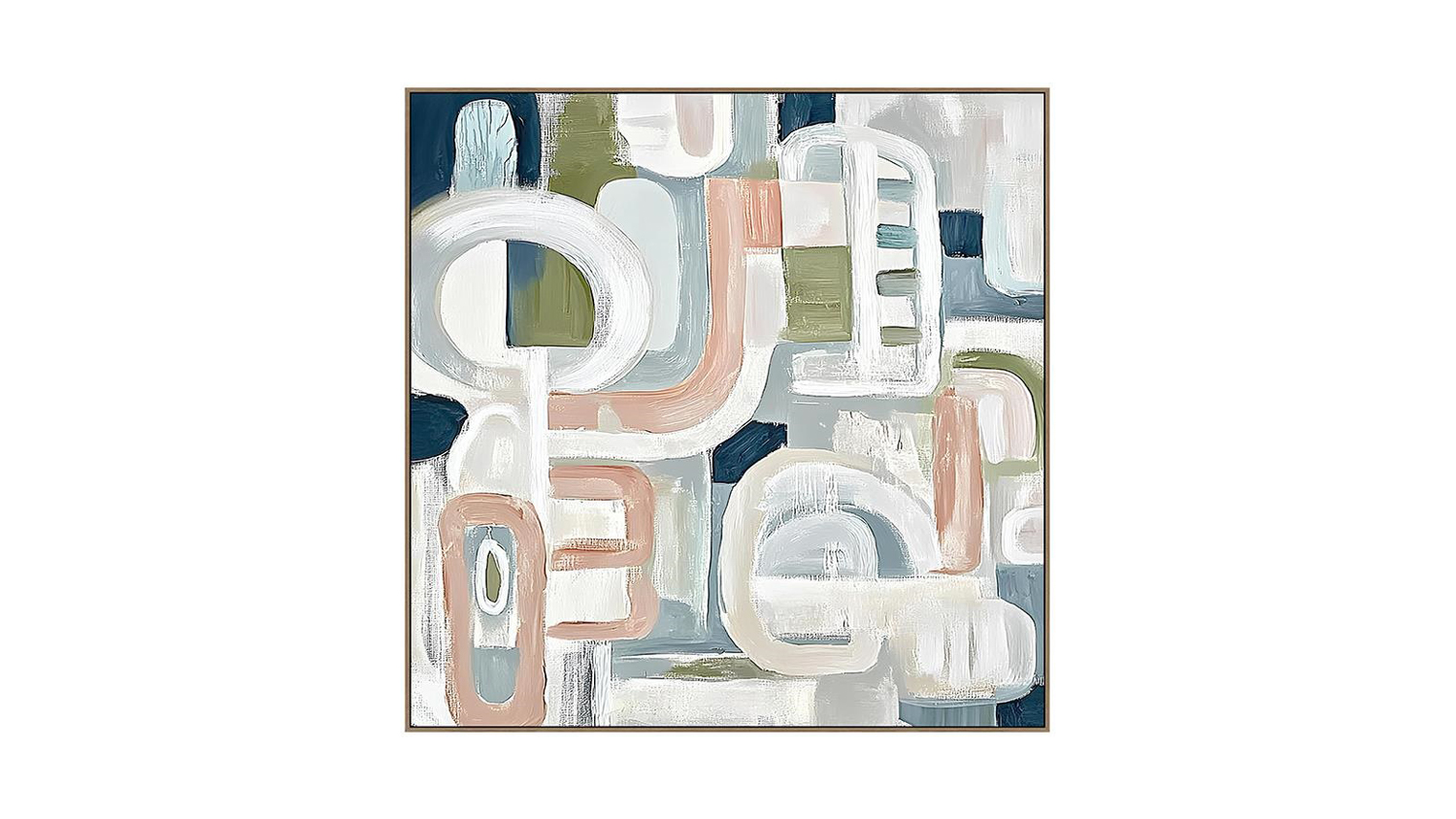 Abstract painting with textured brushstrokes in muted tones of white, beige, green, blue, and peach, featuring overlapping geometric shapes.