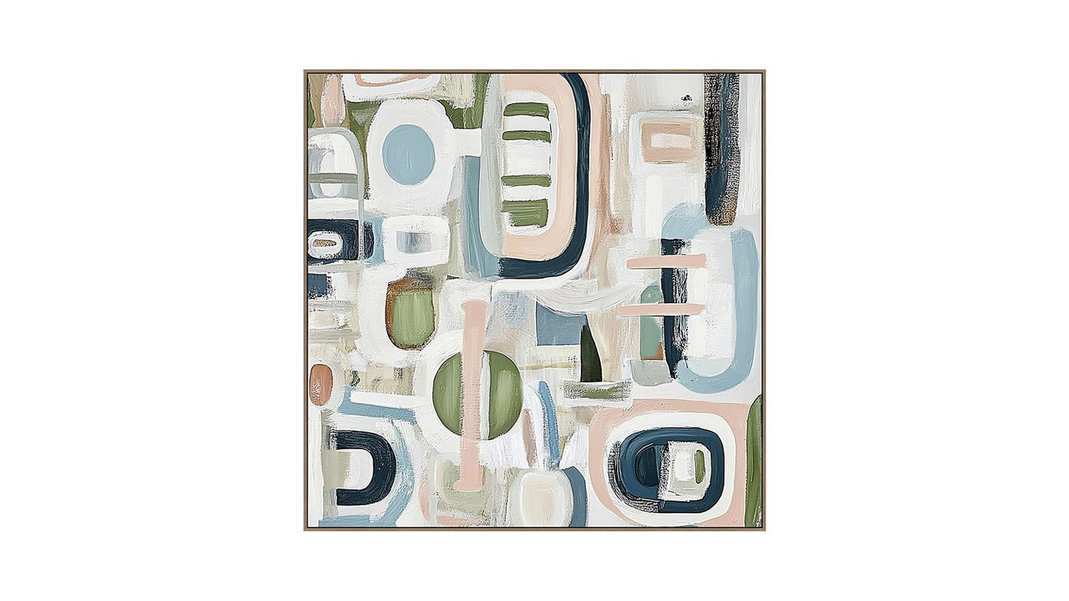 Square abstract painting with overlapping pastel ovals, rectangles, and lines in blue, green, pink, and white, creating a soft, modern look.