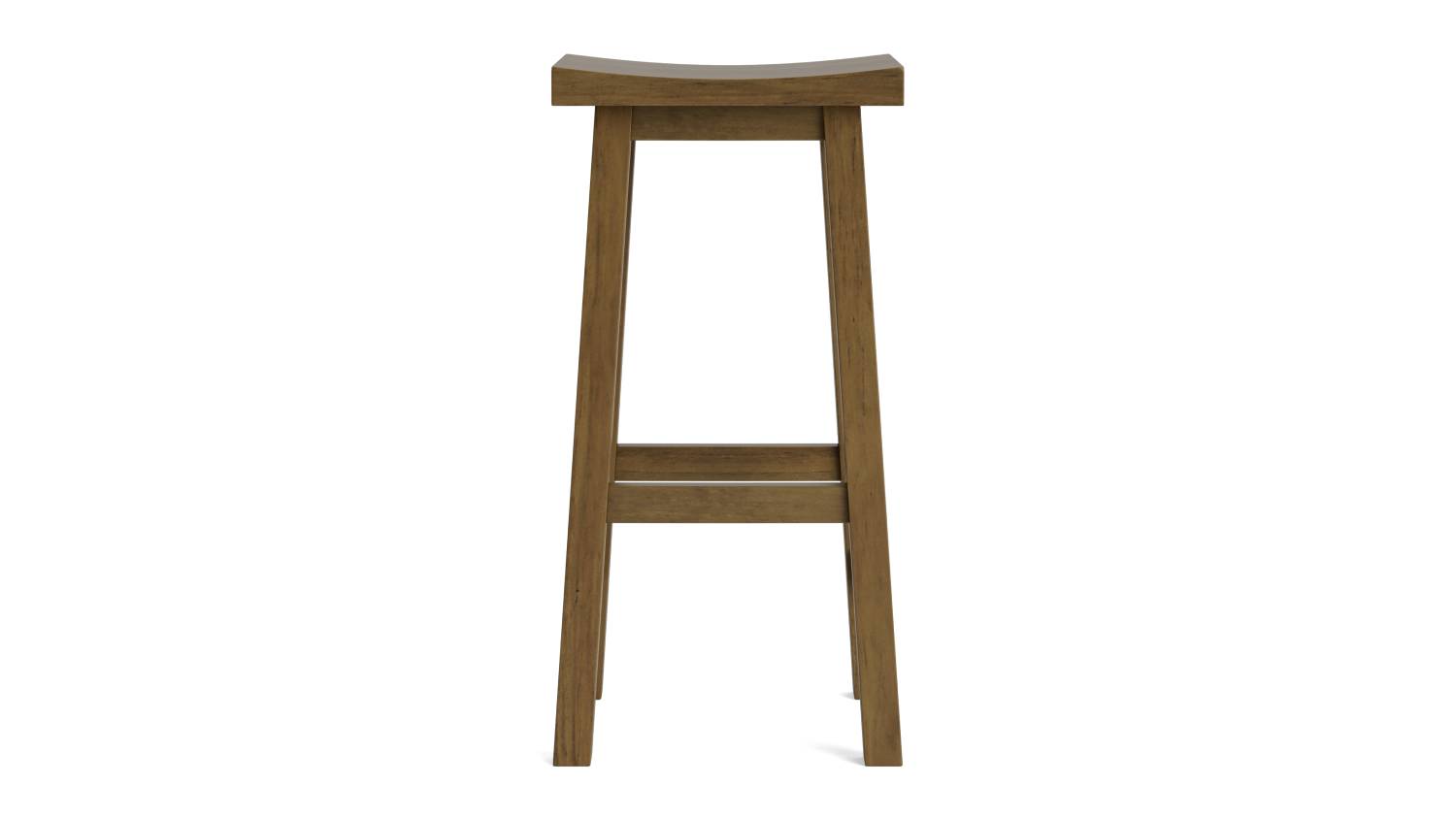 Wooden bar stool with a curved seat and four legs with a natural finish