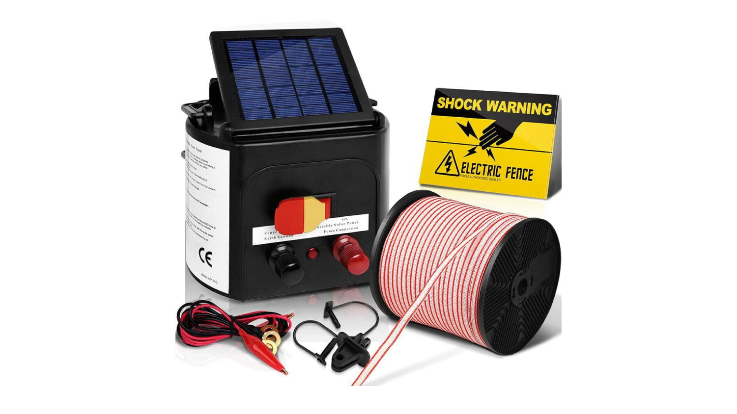 Solar-powered electric fence kit with battery, warning sign, poly tape, and accessories