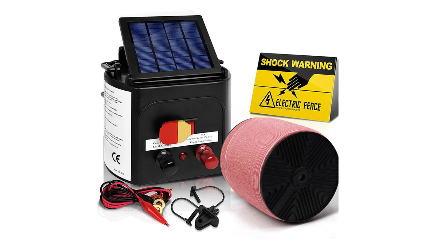 Solar-powered electric fence energiser with warning sign, 2000m wire spool, and accessories