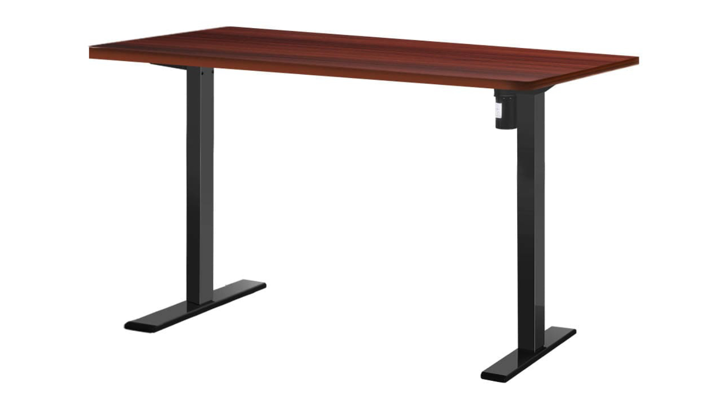 Adjustable height desk with wooden top and black metal legs