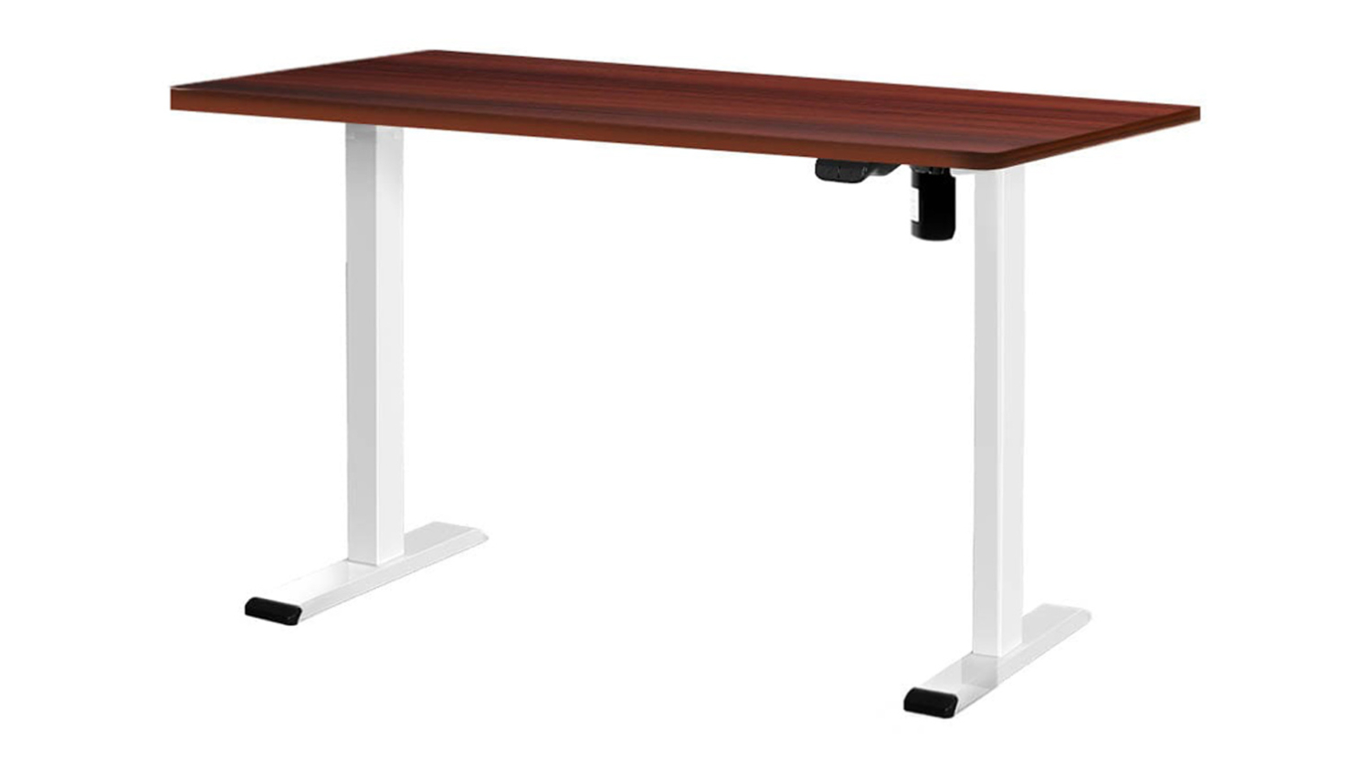 Adjustable height desk with wooden top and white metal legs