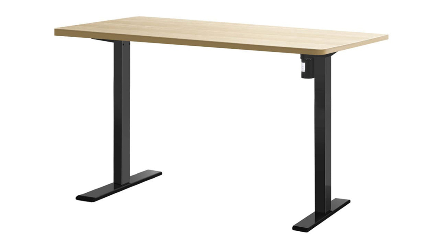 Adjustable height desk with wooden top and black metal legs