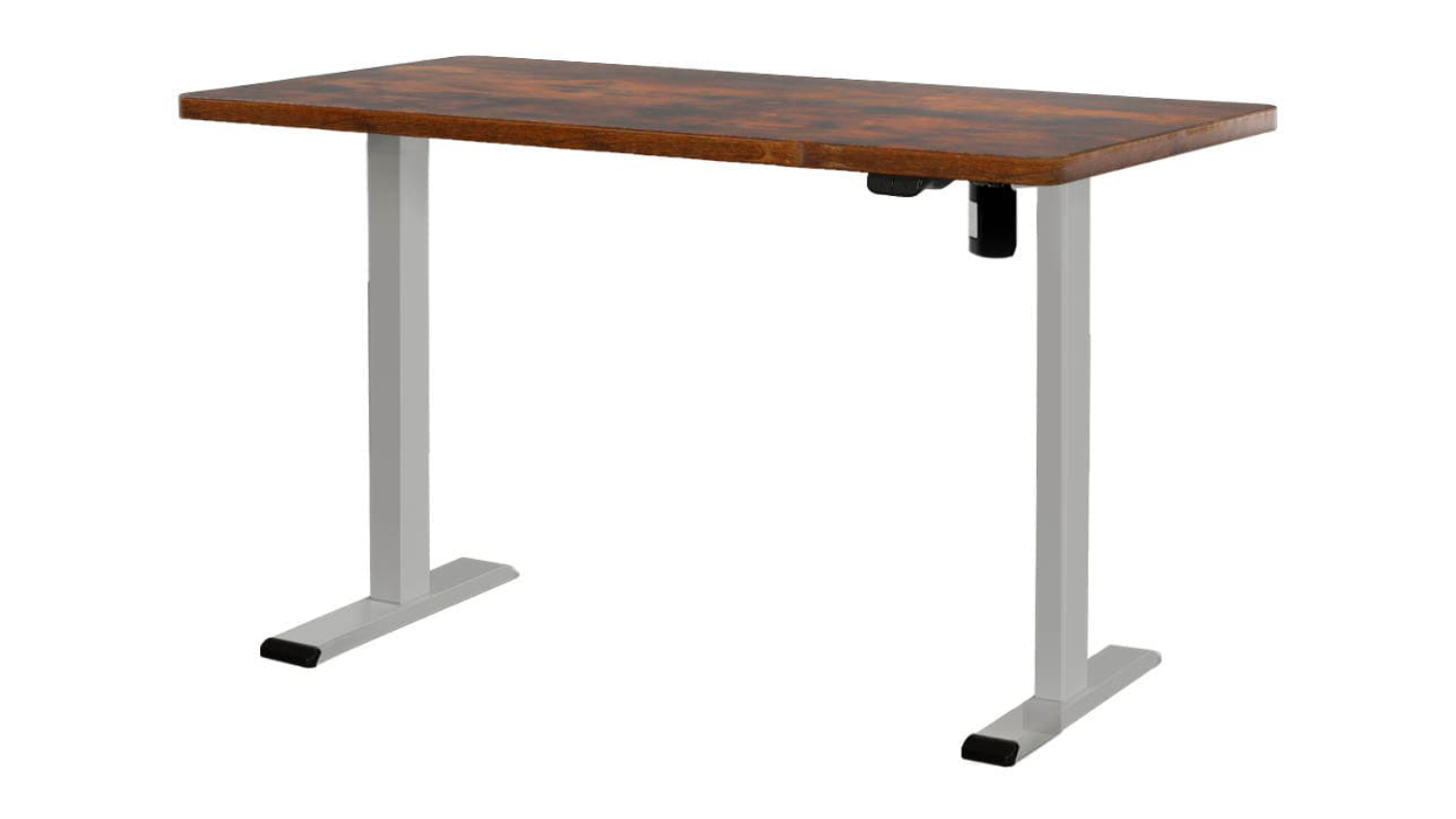 Adjustable height desk with wooden top and white metal legs