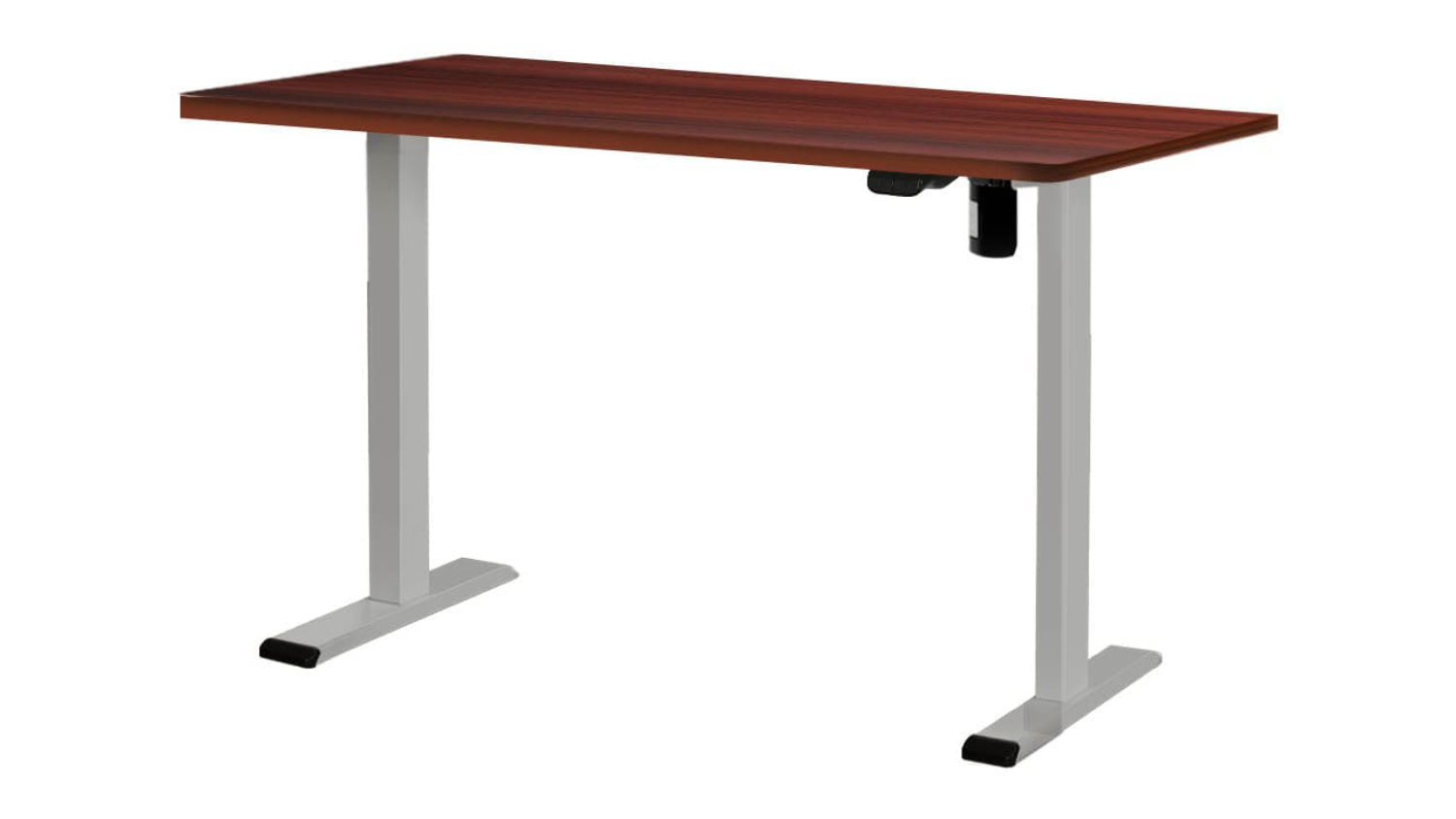 Adjustable height desk with wooden top and black metal legs