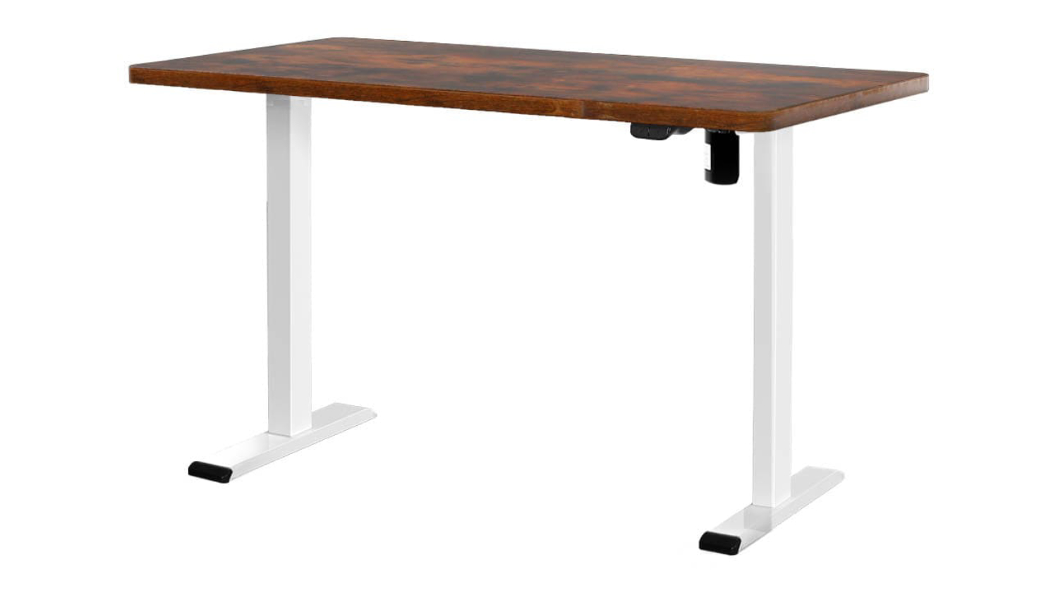 Adjustable height desk with wooden top and white metal legs
