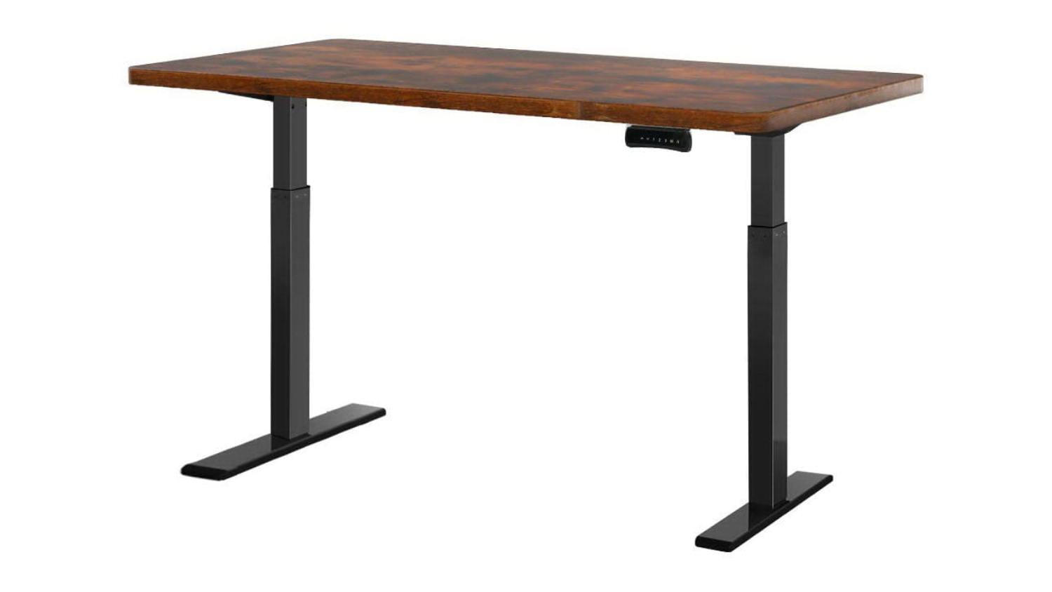 Adjustable height desk with wooden top and black metal legs