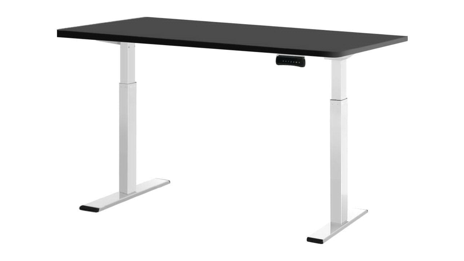 Adjustable height desk with wooden top and black metal legs