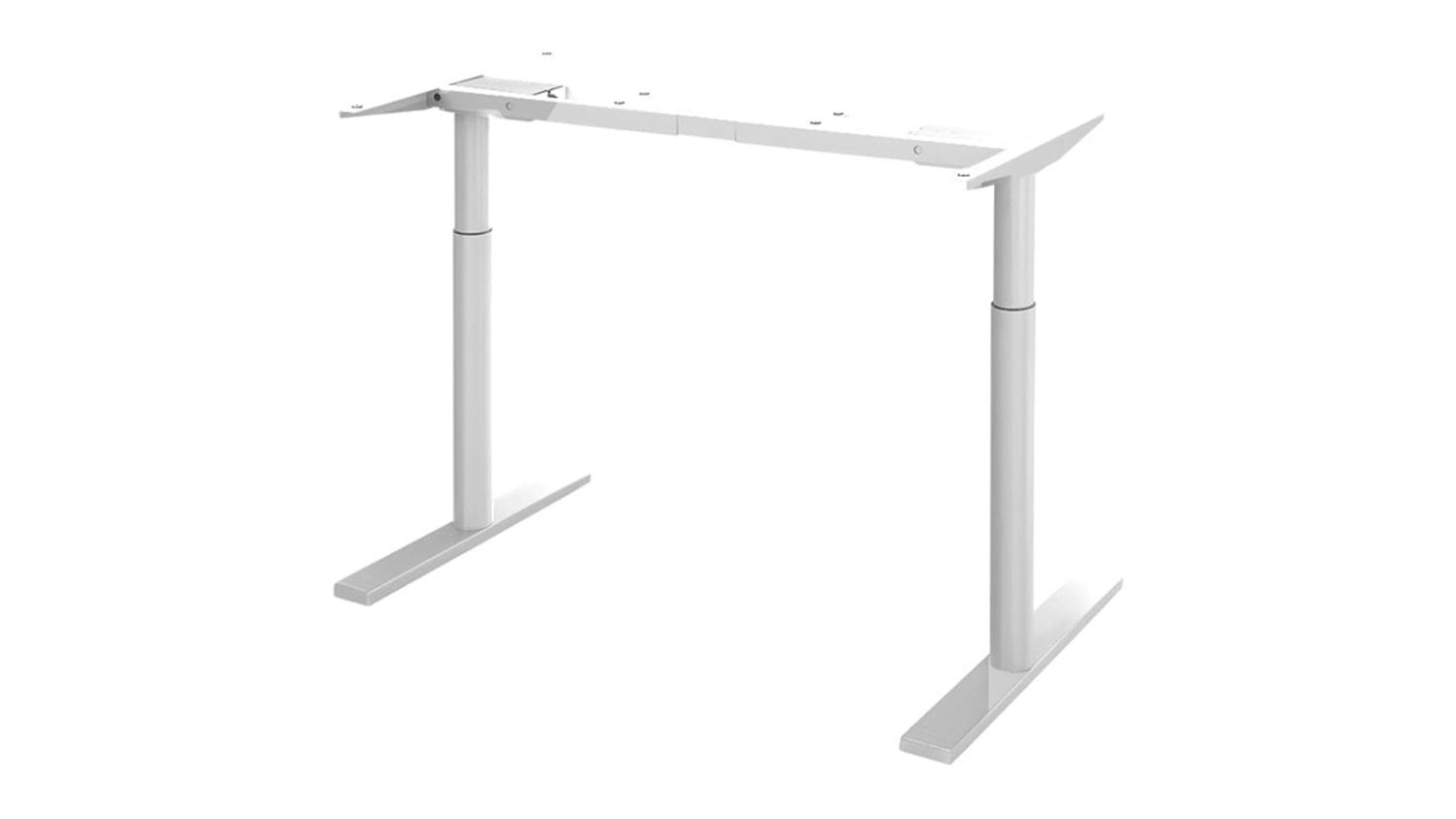 White motorised desk frame without a desktop, shown in an adjustable standing position
