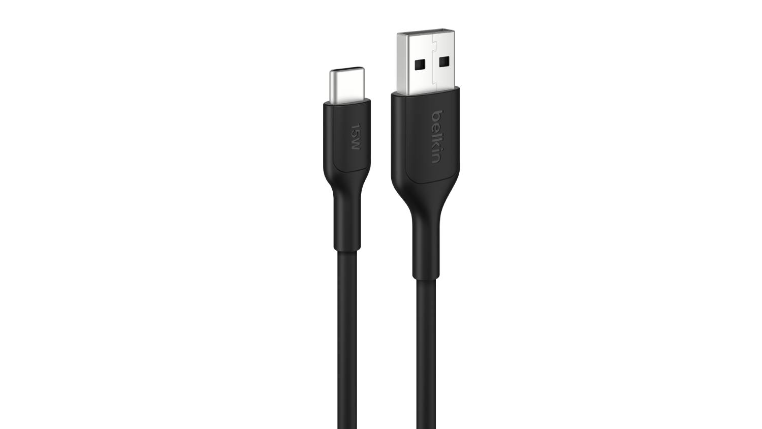 Close-up view of a black Belkin BoostCharge USB-A to USB-C 15W PCR cable