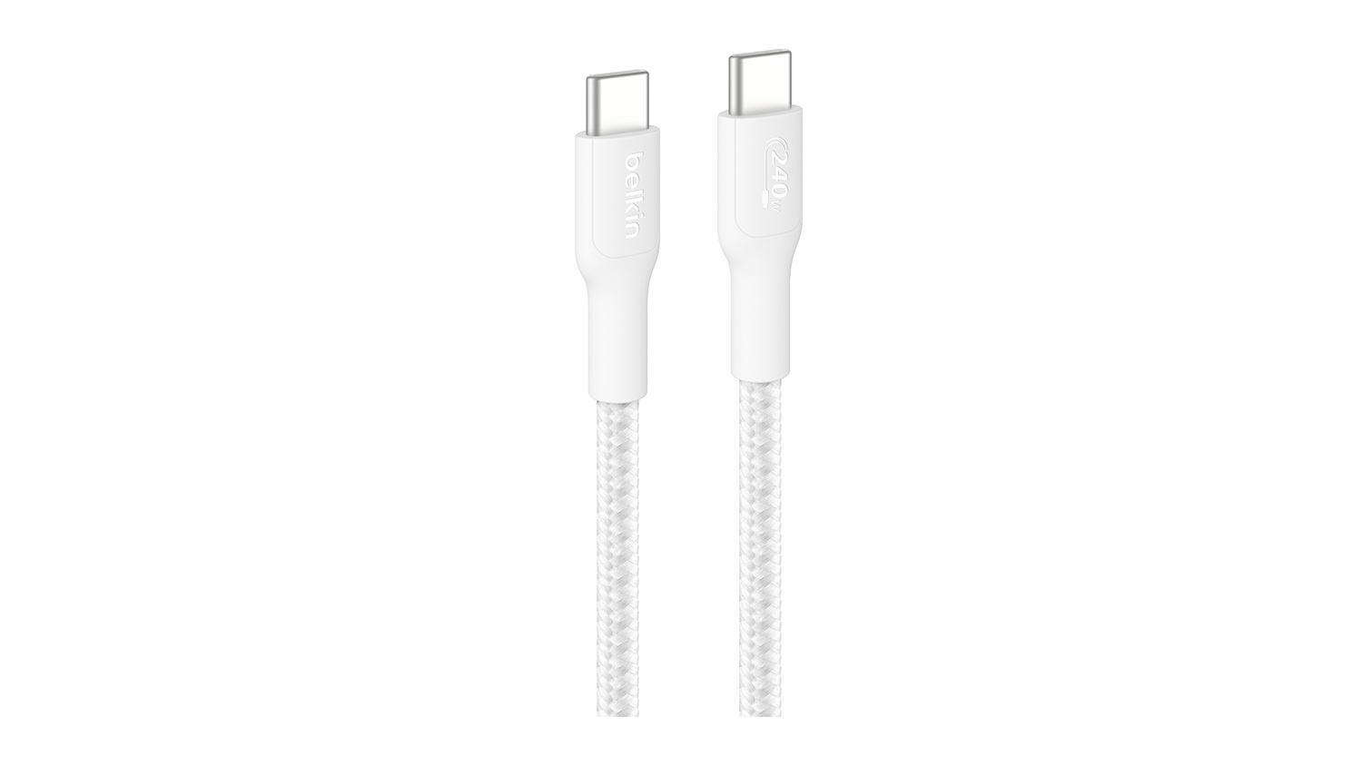 A white USB-C cable with Belkin markings