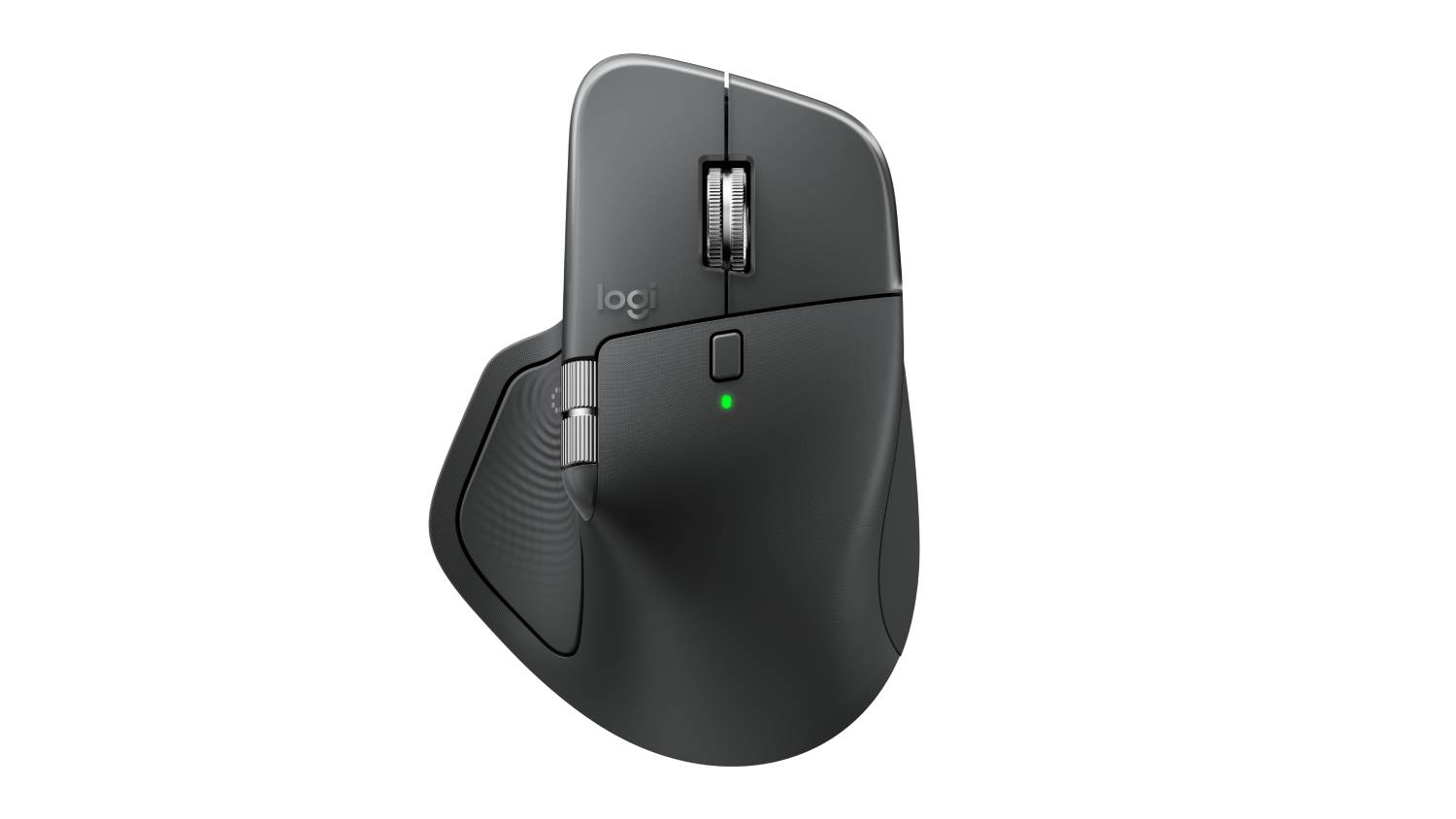 Top view of the Logitech MX Master 4 mouse in graphite, showing a scroll wheel, logo, and green LED indicator
