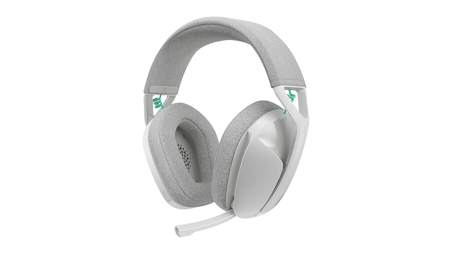 A white Logitech G321 wireless over-ear headset with an adjustable boom mic