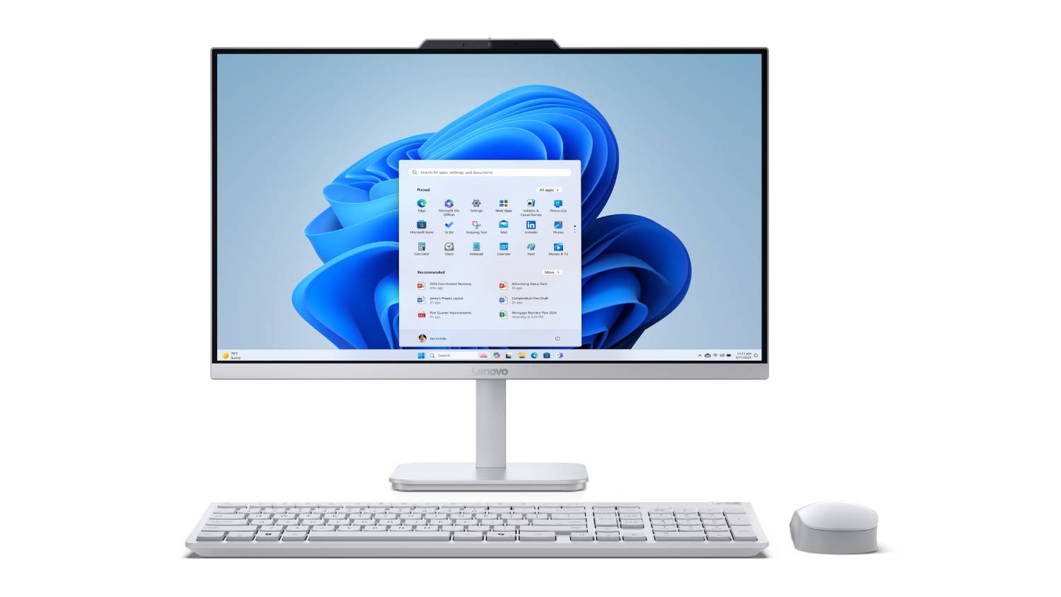 Front view of a Cloud Grey Lenovo A100 24" All-in-One Desktop with Windows 11 on screen, keyboard and mouse