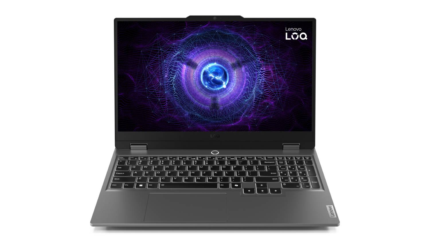 Front view of open Lenovo LOQ (10th Gen) Gaming Laptop in Luna Grey with a vibrant screen