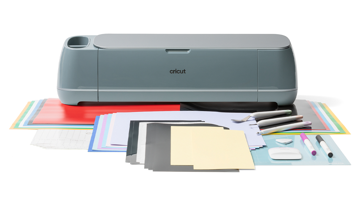 Cricut Maker 4 Essentials Bundle with cutting machine, vinyl sheets, pens, and mats arranged neatly