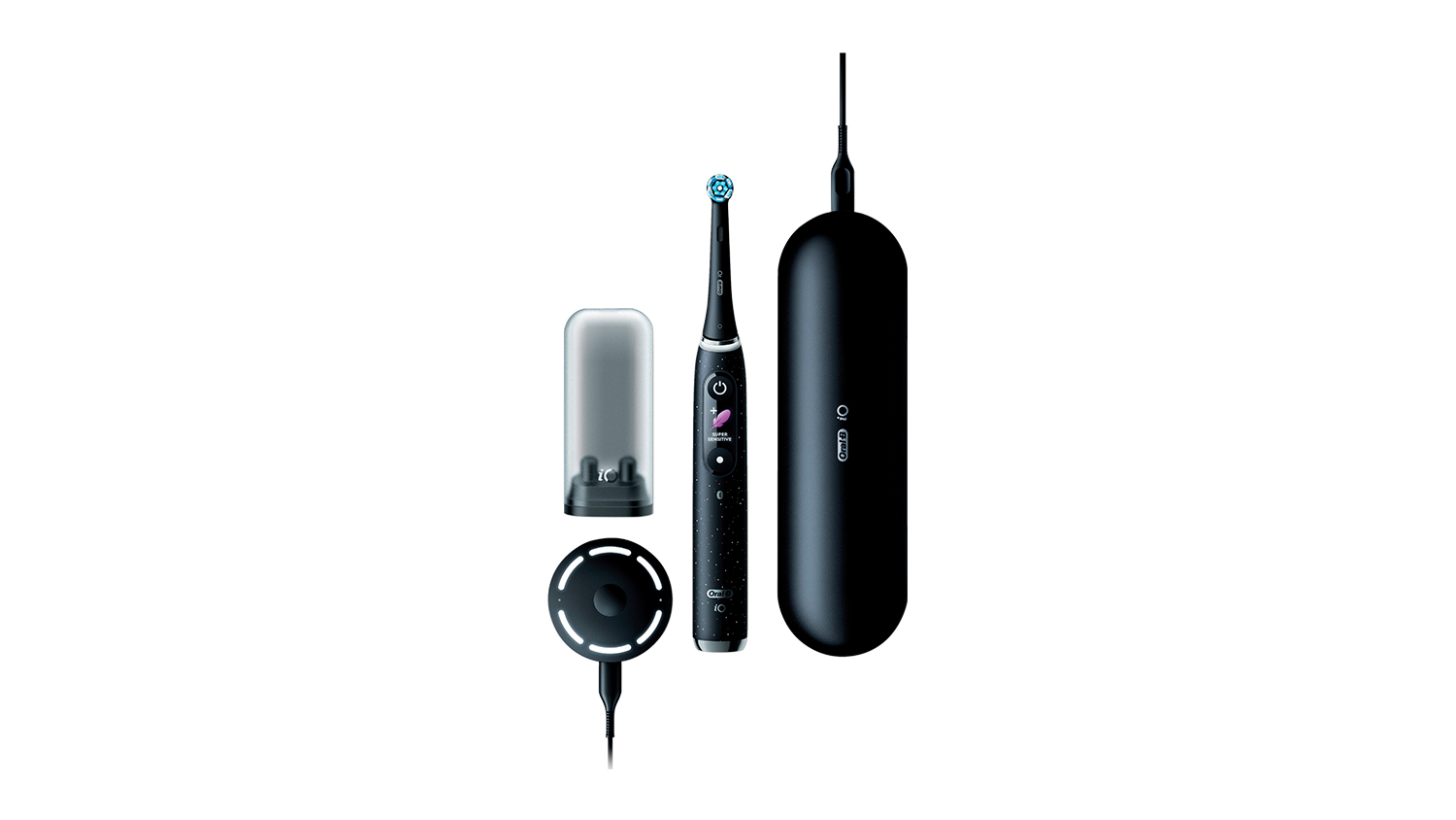 A cosmic black Oral-B iO brush with a charger, case, and head holder