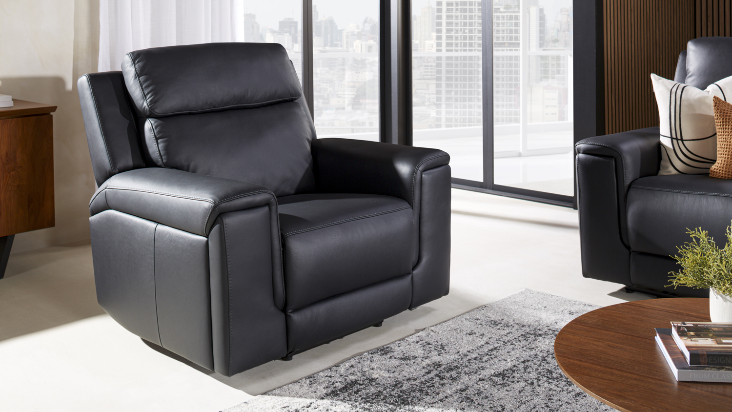 Front view of Serrano Leather Electric Recliner Chair in black
