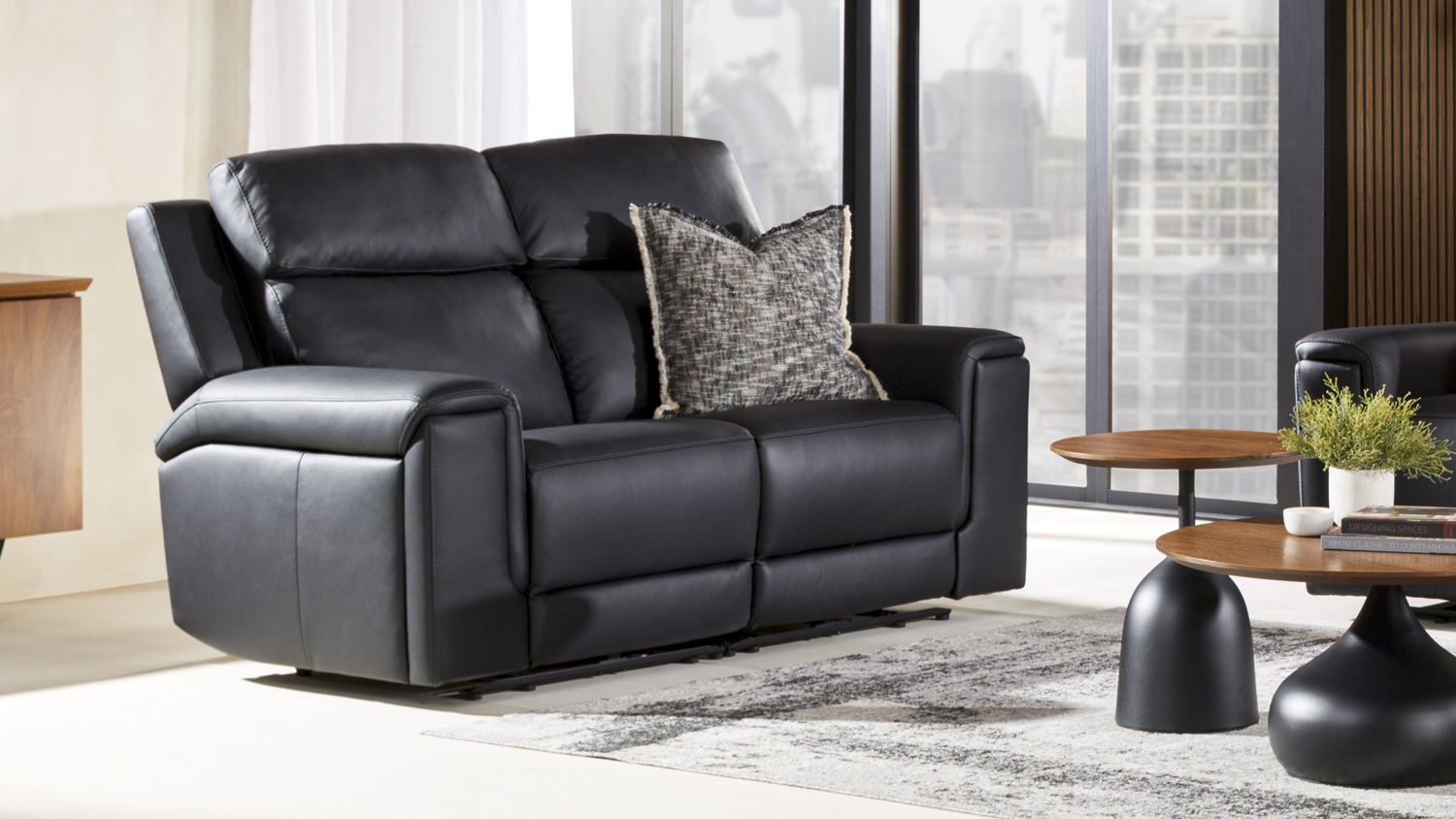 Front view of Serrano 2 Seater Leather Electric Recliner Sofa in black