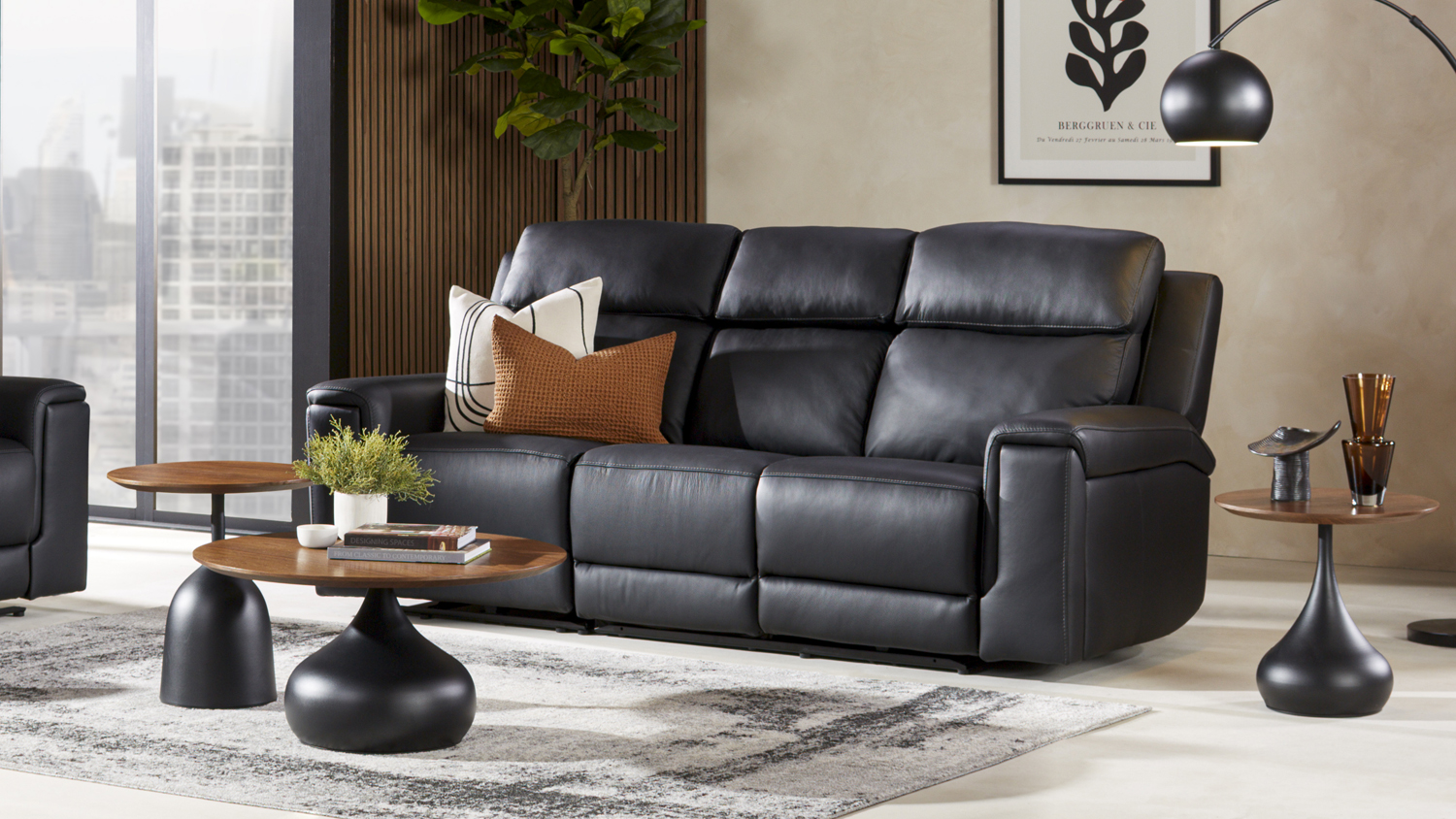 Front view of Serrano 3 Seater Leather Electric Recliner Sofa in black