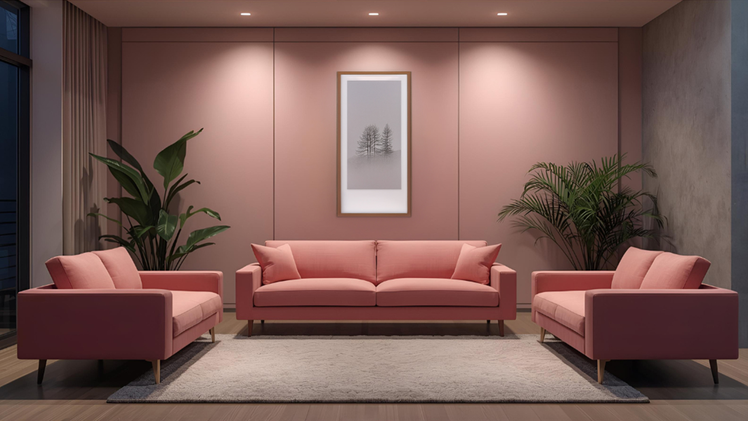 Artwork piece hangs above sofa in a modern living room with plants and wood flooring.