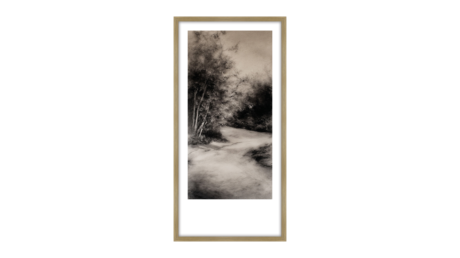 A sepia-toned photograph depicting a winding path through a forested area with trees on either side of the path.
