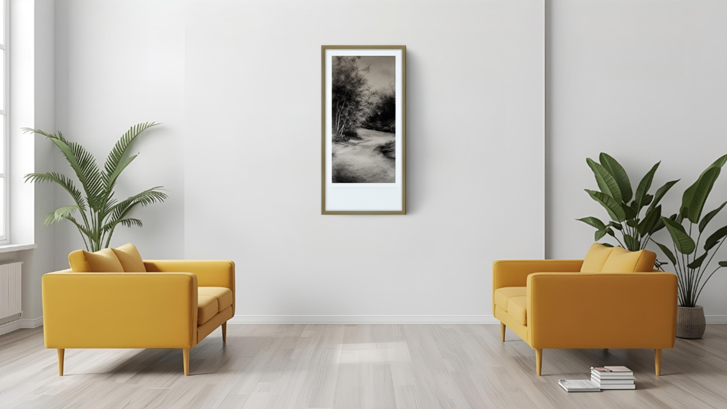 Artwork piece hangs above two sofas in a modern living room with plants and wood flooring.