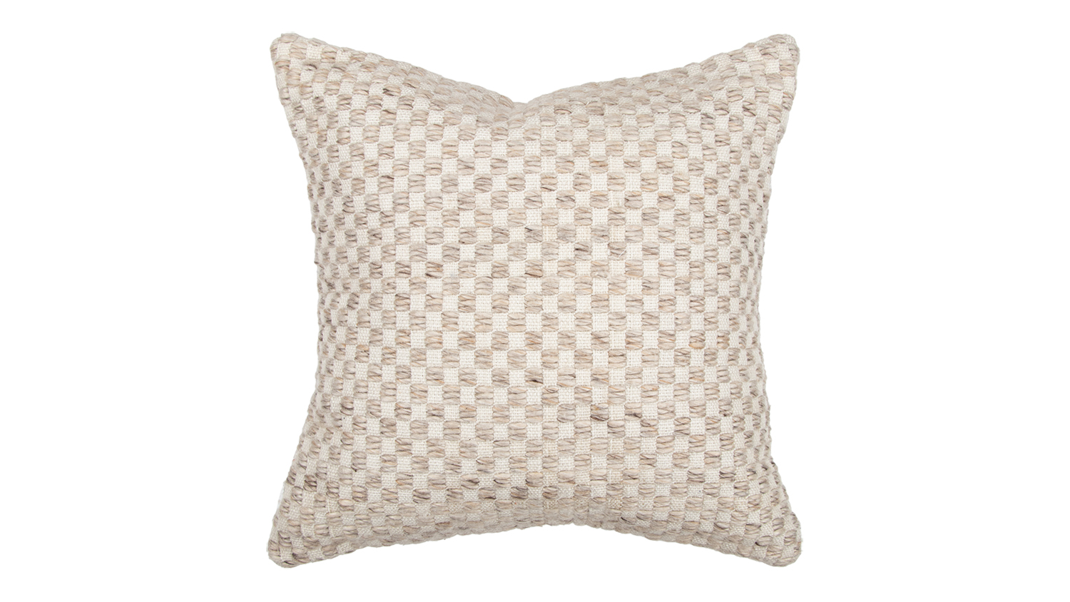 Square cushion with a textured beige checkered pattern.