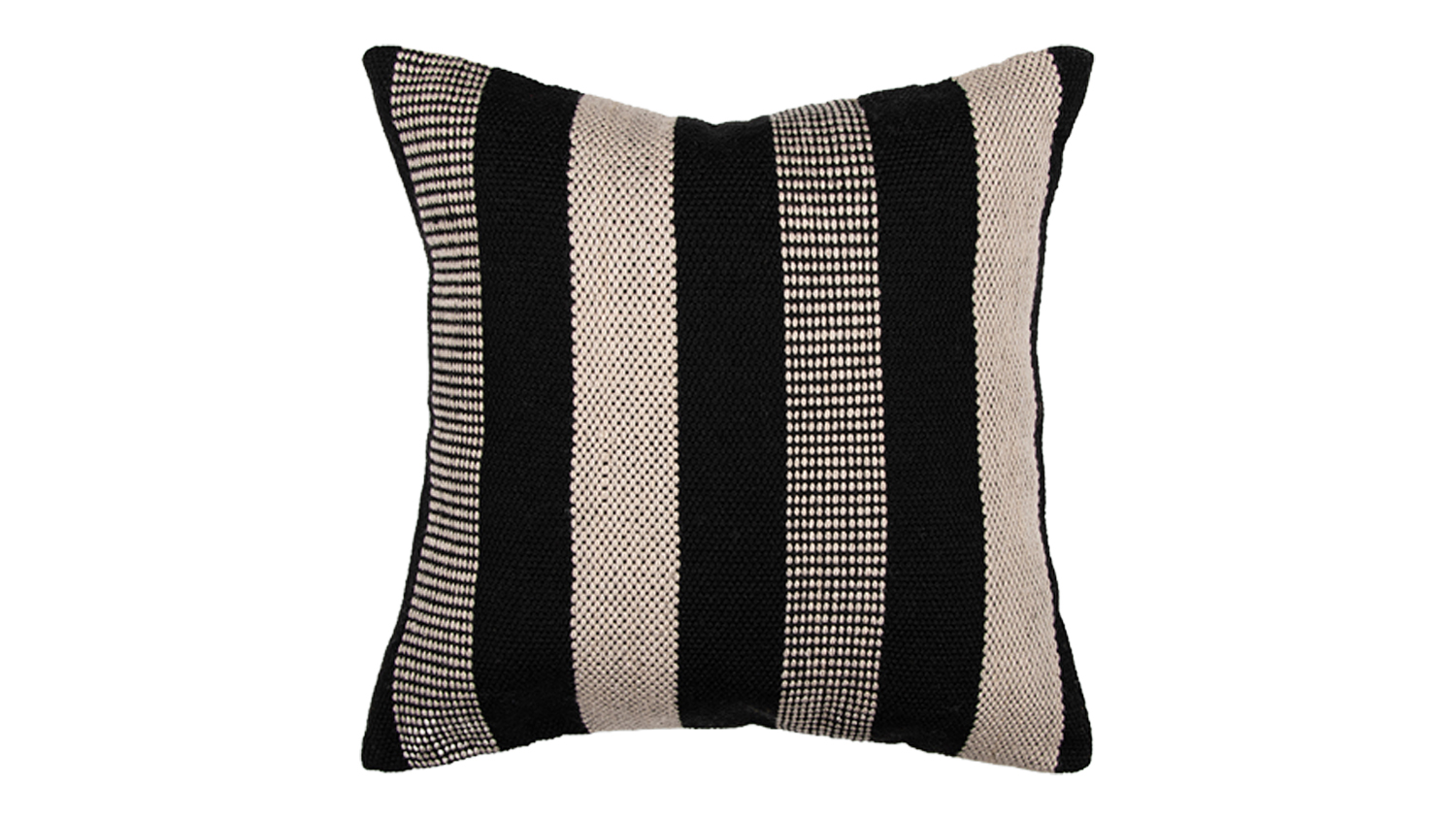 Square cushion with black and beige vertical stripes.