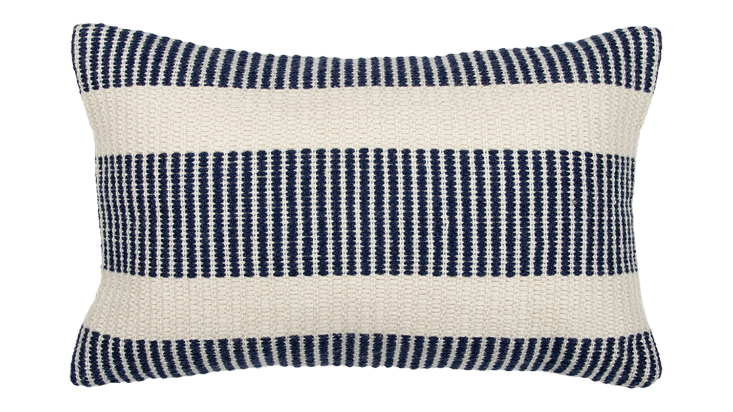 Rectangular cushion with navy blue and white horizontal stripes.