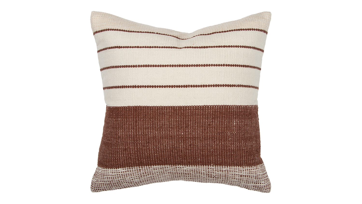 Square cushion with brown and cream horizontal stripes.