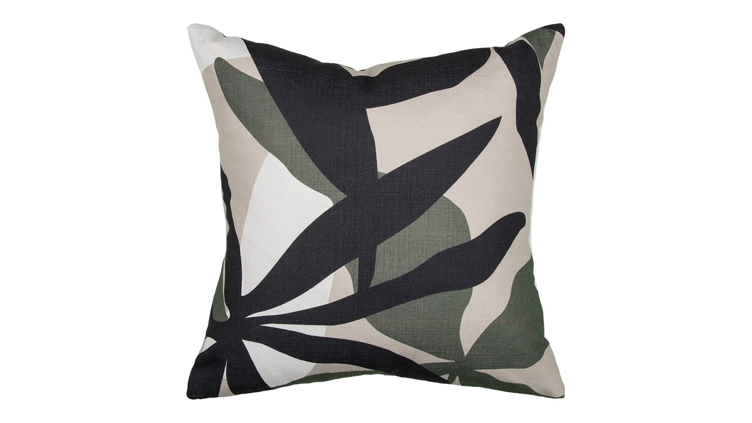 Square cushion with abstract leaf pattern in black, beige, and green.