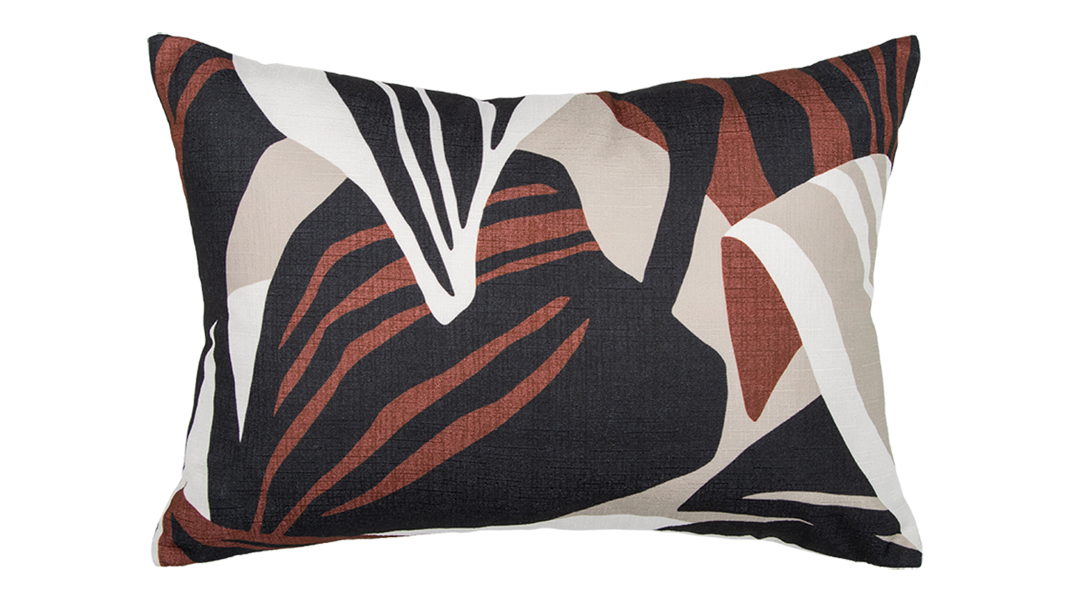 Rectangular cushion with abstract leaf design in black, brown, and white.