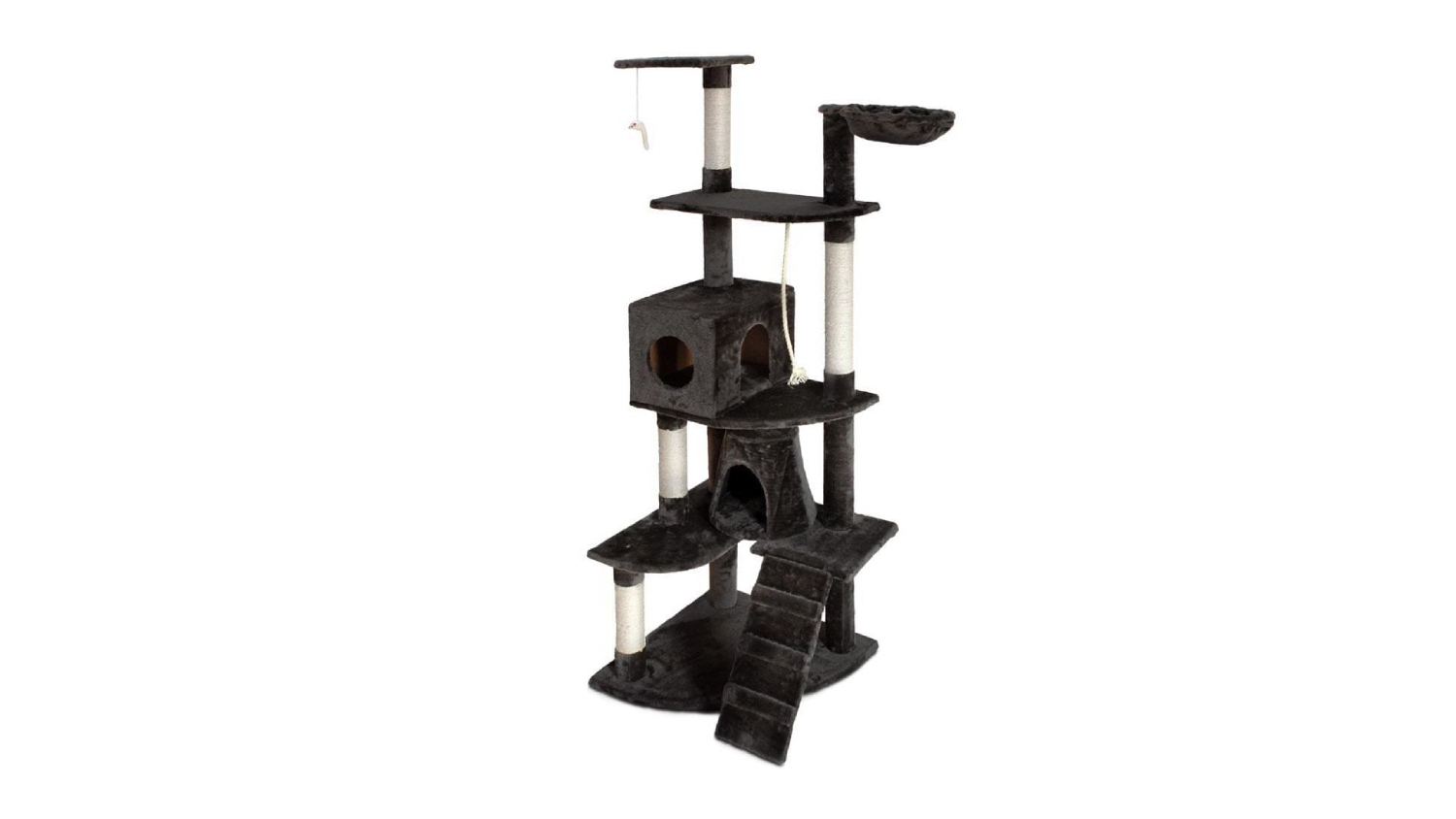 A multi-level cat tree with scratching posts, two cubby holes, a ladder, a hammock, and a hanging toy