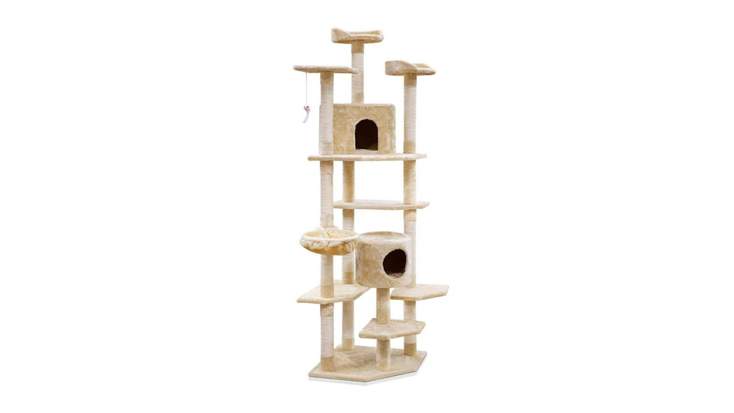 Multi-level cat tree with platforms, two cubbies, a hammock, and a hanging toy