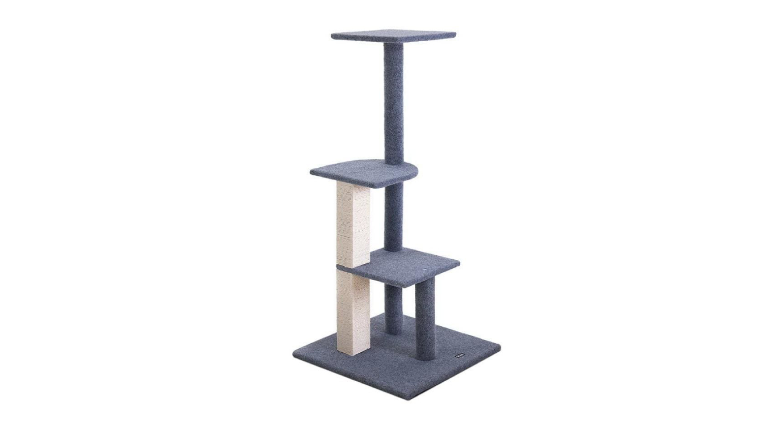 Grey carpeted cat tree with three platforms and a sisal scratching post