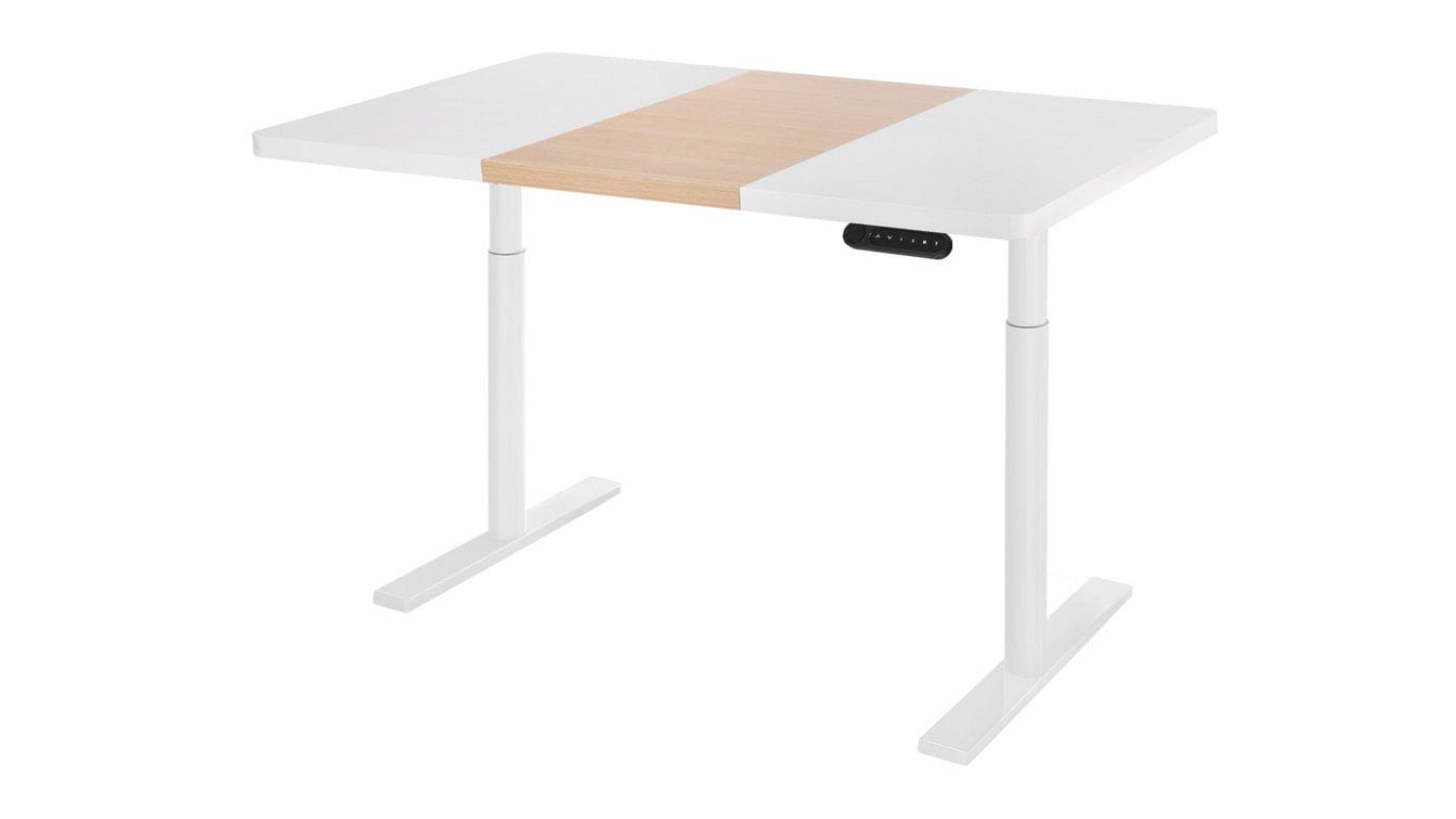 White motorised standing desk with two-tone wood centre and adjustable height frame