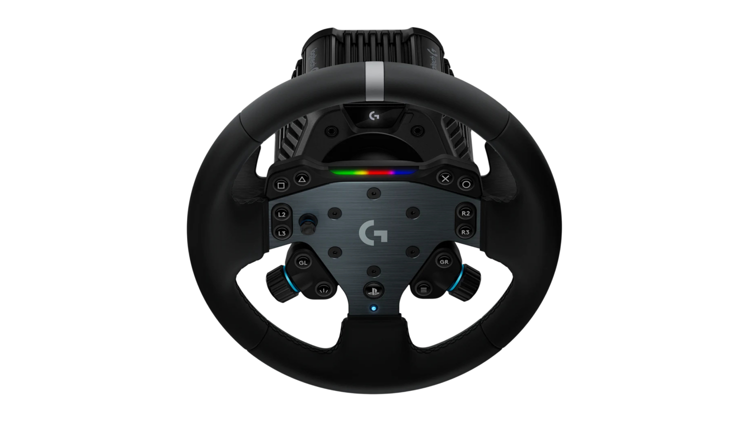 A front view of the Logitech G RS50 racing wheel
