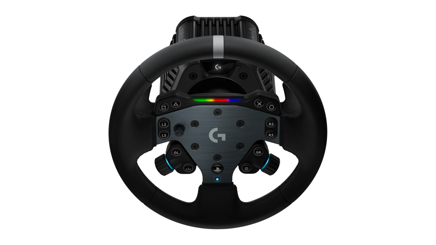 A front view of the Logitech G RS50 racing wheel