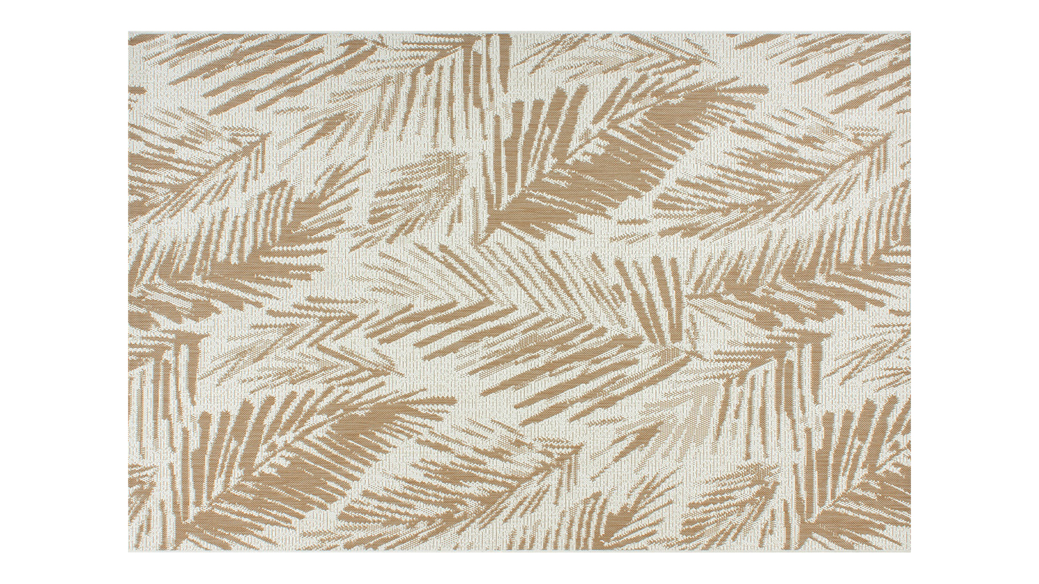 Beige and white rug featuring an intricate leaf pattern design throughout.