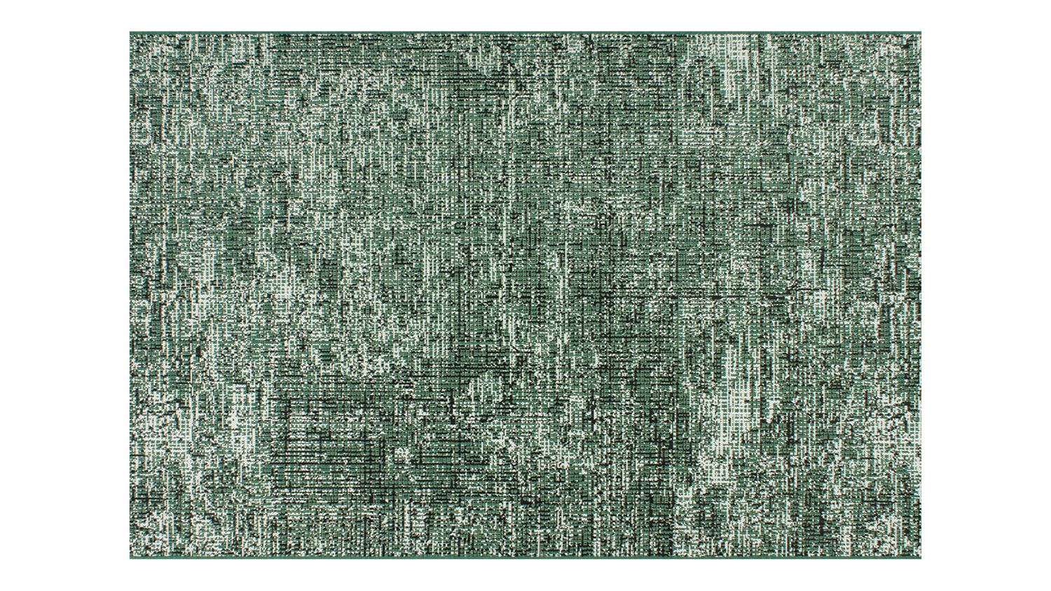 Rectangle shaped green and white textured rug with an abstract pattern.