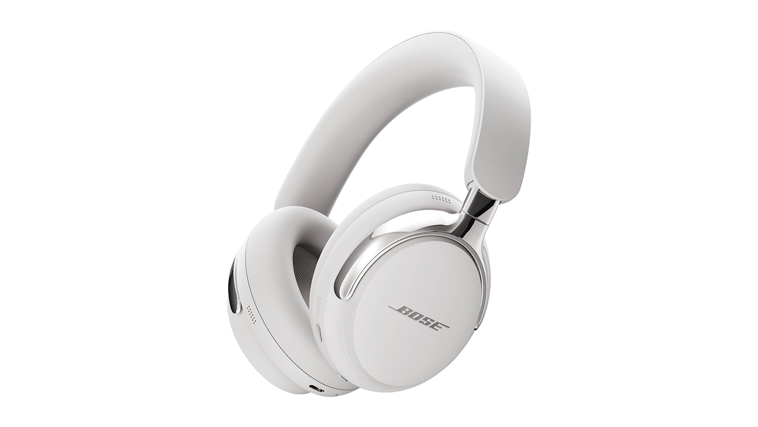 An angled left side view of the white Bose wireless over-ear headphone
