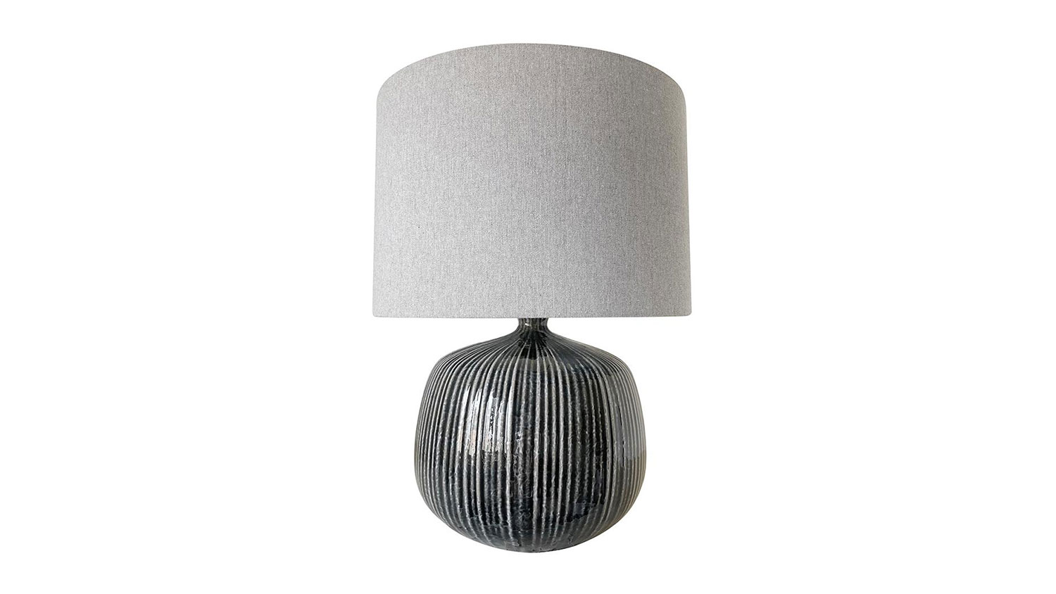 Mellie 52cm Black Ceramic Table Lamp, refined, contemporary, with sleek ceramic base and soft grey linen drum shade.
