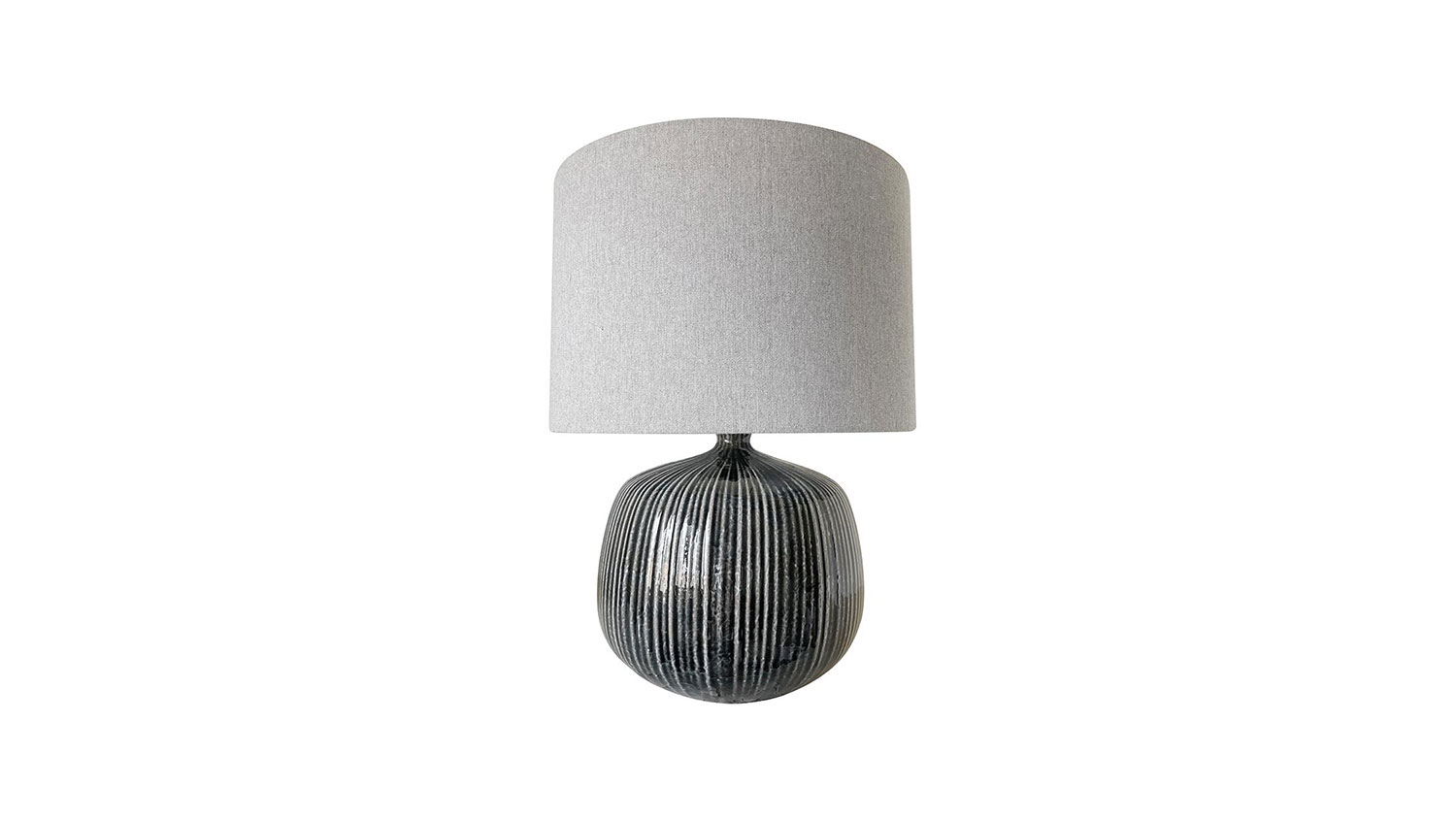 Mellie 52cm Black Ceramic Table Lamp, refined, contemporary, with sleek ceramic base and soft grey linen drum shade.