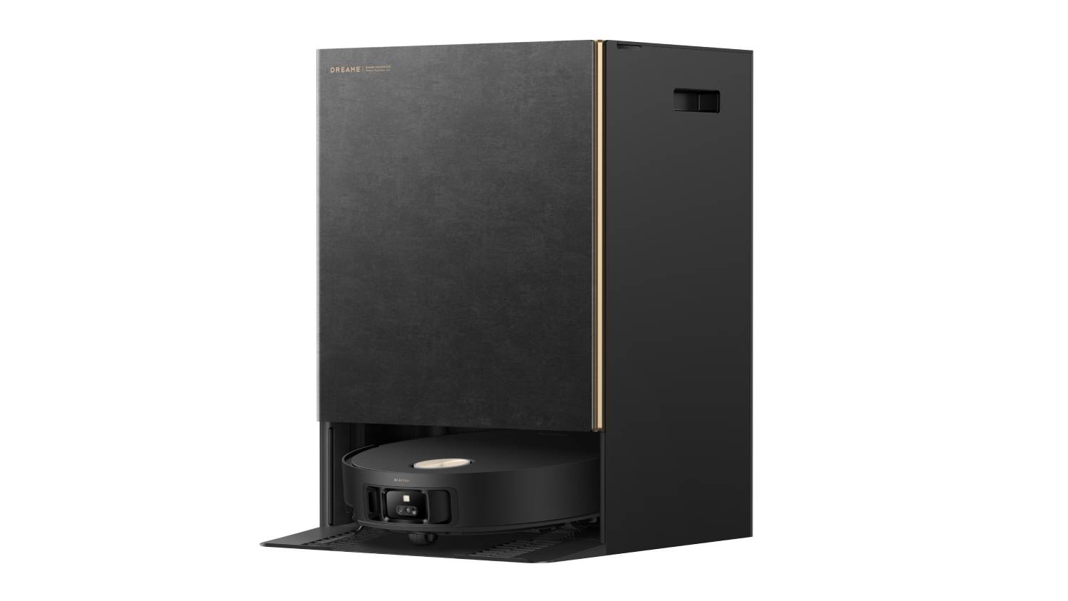 Side view of sleek black Dreame Matrix10 Ultra Robotic Vacuum & Mop docked in its multifunctional station