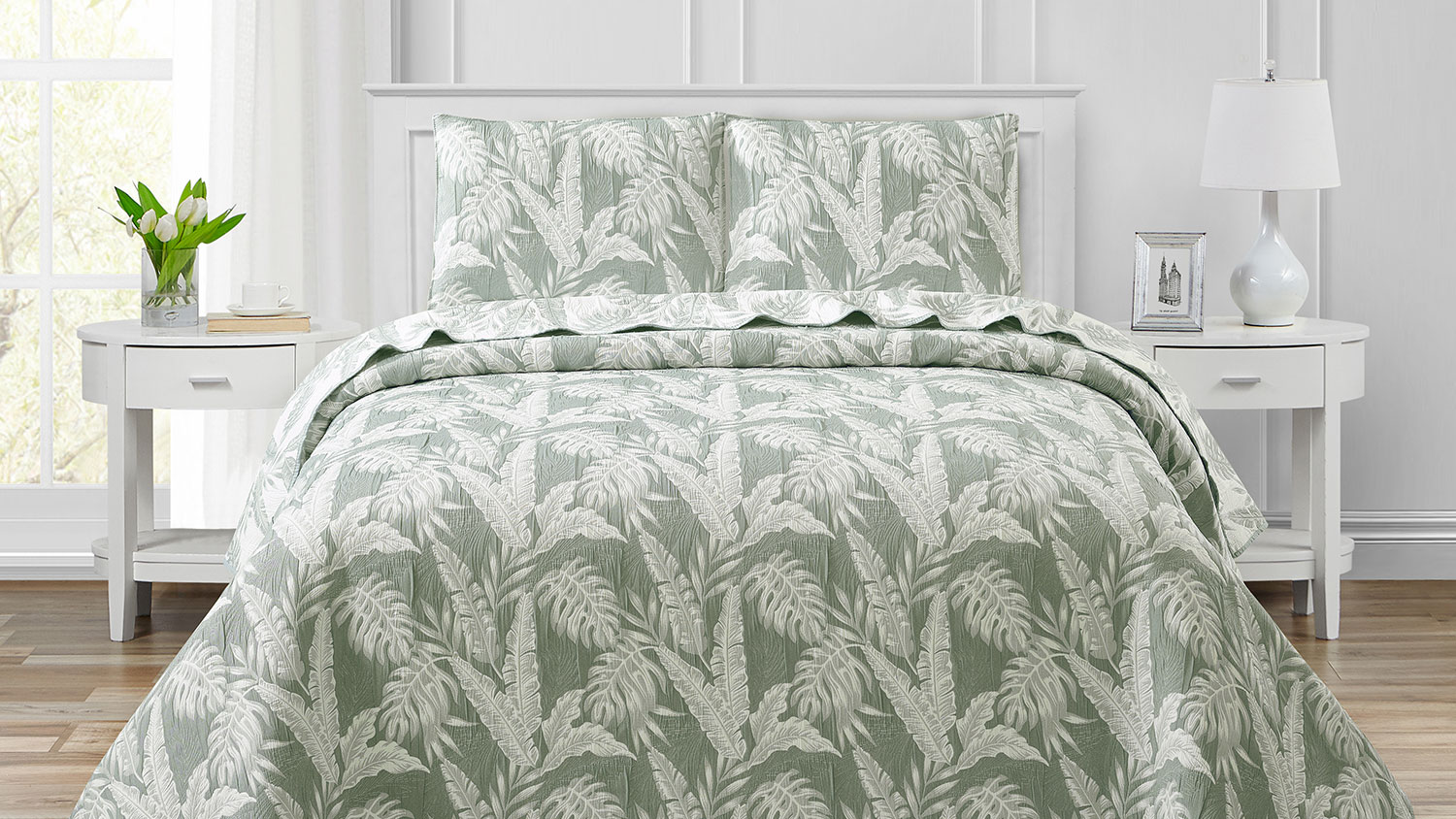 Barbados Olive Green Coverlet Set by L'Avenue, olive green lush foliage in a woven jacquard design, quilted coverlet.