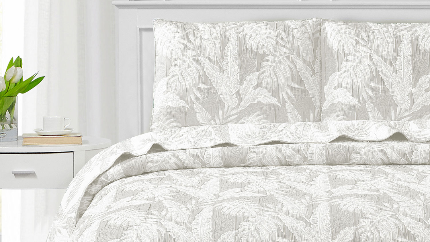Barbados Natural Coverlet Set by L'Avenue, lush foliage in a woven jacquard design, quilted coverlet.