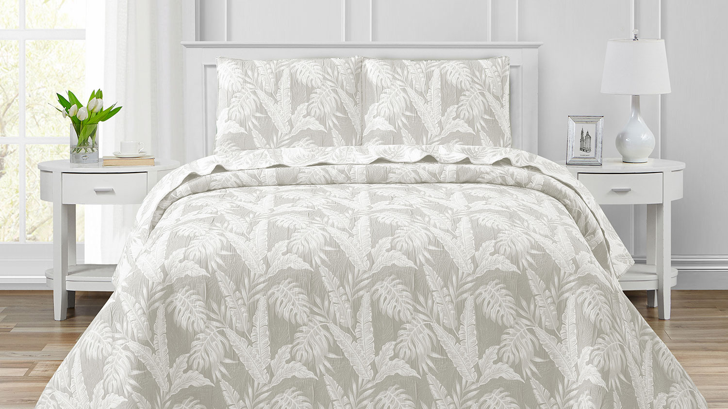 Barbados Natural Coverlet Set by L'Avenue, lush foliage in a woven jacquard design, quilted coverlet.